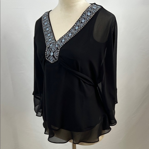White House Black Market Blouse Top Embellished V Neck Sheer XSP Petite - Picture 5 of 8